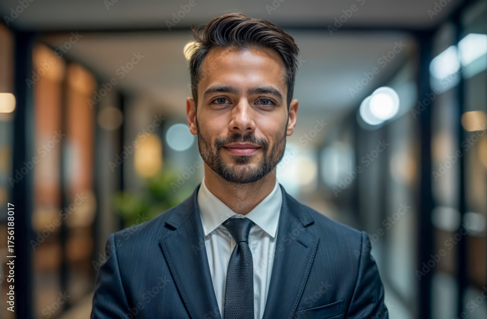 Fototapeta premium Business professional in formal attire standing confidently in a modern office corridor