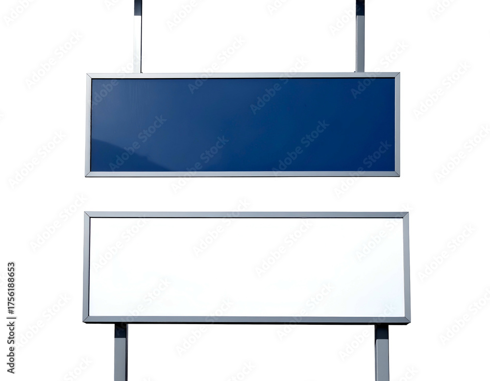 Obraz premium Two rectangular signs, one blue and one white, supported by posts against a black background