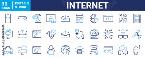Internet web icon set. Internet, Web, Network, Connection, WiFi, Router, Modem, IP Address, Domain, Website, Online. Line outline icons collection.