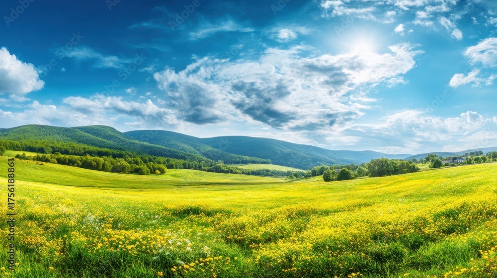 Fototapeta premium Expansive Green Landscape with Vibrant Wildflowers and Majestic Mountains Under a Bright Blue Sky with Fluffy White Clouds