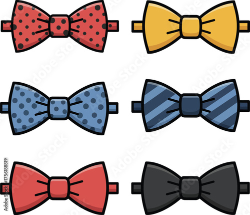 Six stylish bow ties featuring different colors patterns and textures for formal wear and fashion isolated on transparent background