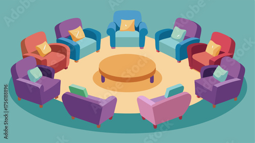 A communal seating area with several couches and armchairs arranged in a circle perfect for group discussions.