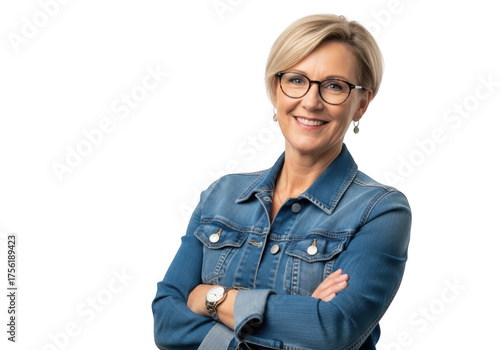 Smiling woman with glasses and denim jacket isolated on transparent background