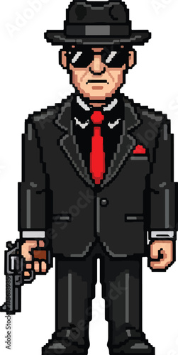 Pixel art gangster with a gun wearing a suit and hat retro game asset