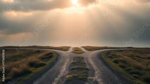 A symbolic crossroads diverging into two paths, representing life choices under atmospheric lighting.