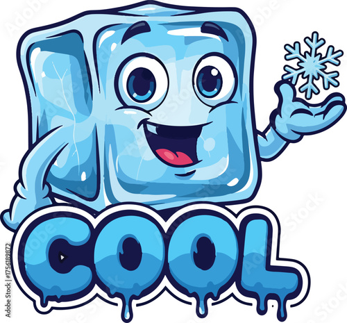 Cartoon ice cube character holding a snowflake cool mascot for frozen products vector illustration