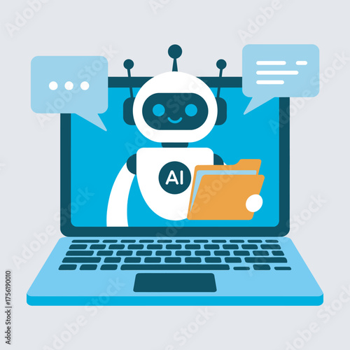 AI Assistant Chatbot on Laptop Screen Delivering Information Online Service, vector illustration