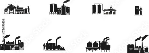 Industrial plant silhouettes, manufacturing scenes, factory infrastructure, processing facility icons, workers with helmets, tanks, chimneys, pipes, engineering illustration