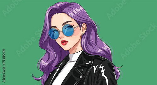 Stylish woman with purple hair wearing sunglasses and a leather jacket vector illustration