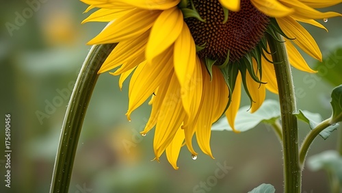 Sunflower drooping after a storm with rain droplets on its petals.