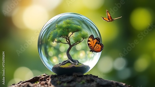 Crystal glass sphere containing a miniature tree, with a butterfly nearby, set against a soft green backdrop.