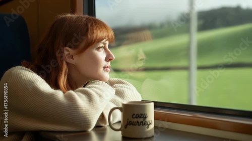 Young Woman Looking Out Train Window with Peaceful Expression