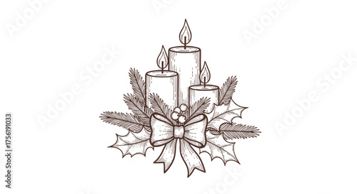 Three decorative candles with holly and ribbon arrangement  