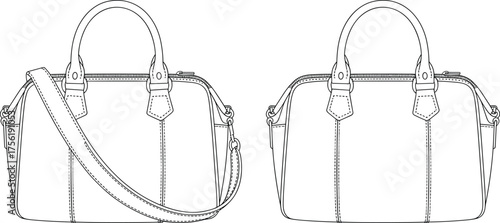 Handbag fashion sketch, technical drawing, structured tote design, shoulder strap variation, front view, zipper closure, handle detail, garment flat