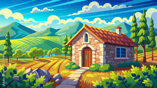 Stone cabin beside a vineyard, green grapevines stretching across hills, blue sky with scattered clouds, calm rural scenery full of sunlight