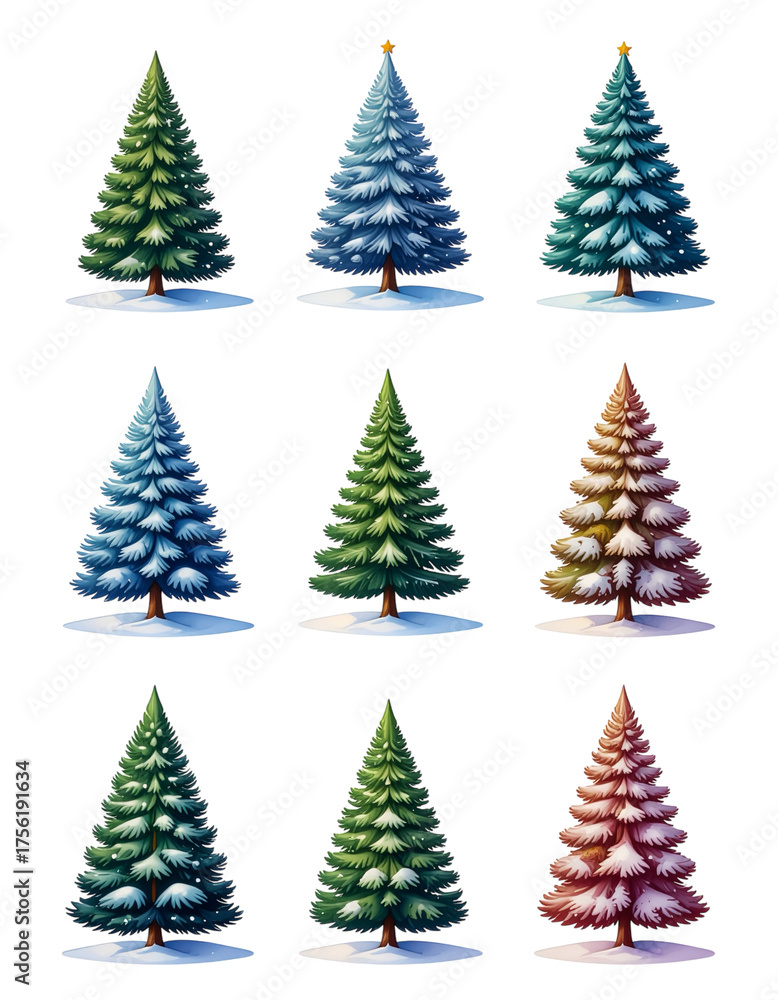 Obraz premium christmas trees set, winter colourful stickers set