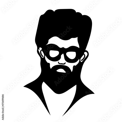black and white vector illustration of a bearded man wearing glasses. 