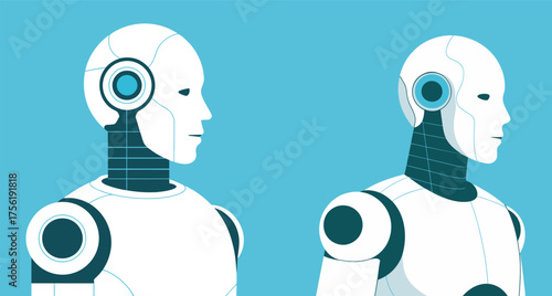 Two sleek robots standing side by side on a blue background, vector illustration