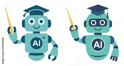 Two Friendly AI Robots Educating with Graduation Caps and Pointer Sticks, vector illustration
