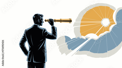 Visionary businessman with telescope gazing toward a bright future, strategic foresight and business opportunities, planning for success, vector illustration