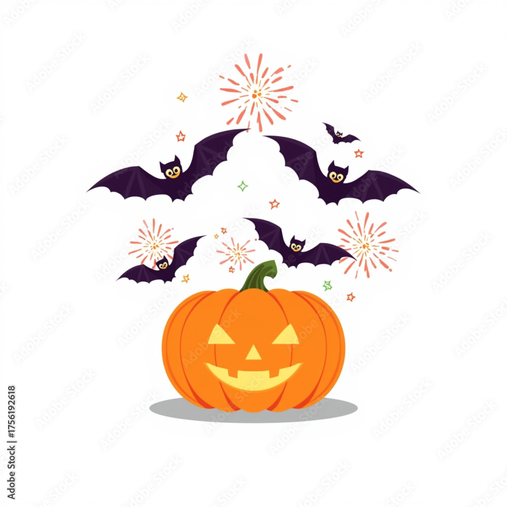 Naklejka premium Halloween Pumpkin Jack-O’-Lantern with Flying Bats and Fireworks Vector Illustration