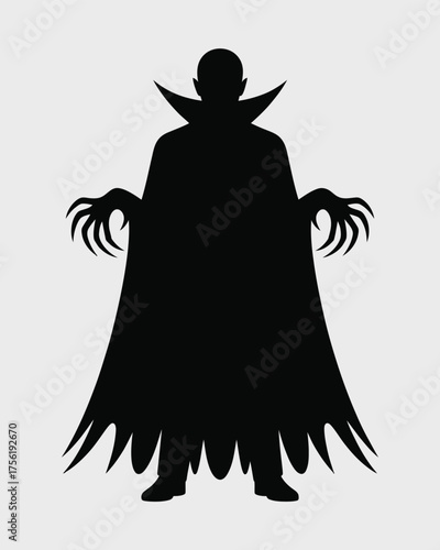 Vector silhouette illustration of a vampire with spiked cape and clawed hands for spooky designs vector illustration white background