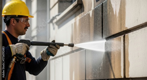 Worker pressure washing building facade with high-pressure waterjet to remove dirt