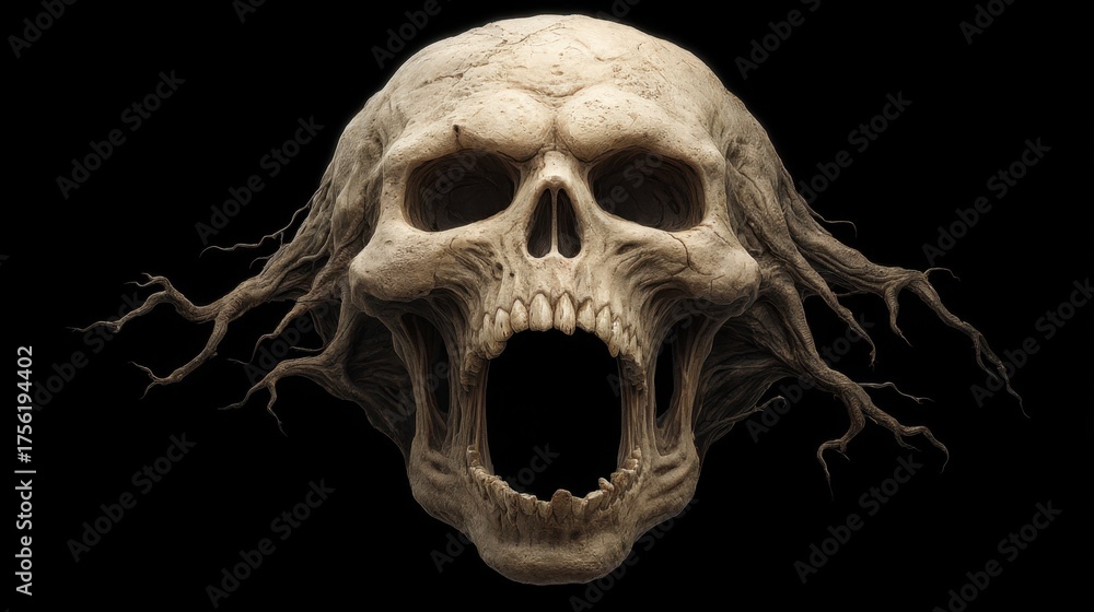 Obraz premium Realistic Human Skull with Creeping Roots Creating an Eerie and Haunting Atmosphere Against a Black Background