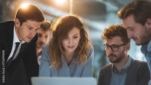 Four coworkers lean over a laptop, collaborating on a project in a modern office.