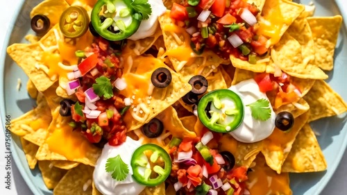 Colorful nachos topped with salsa, jalape?os, and sour cream on a plate