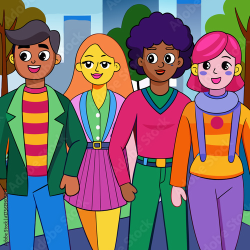 Cartoon group of diverse friends taking a stroll together outdoors