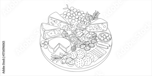 cheese and charcuterie board featuring variety of cheeses, fruits, and crackers continuous single line art drawing sketch on white background