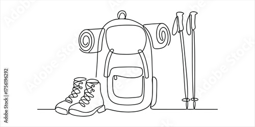 hiking gear set includes backpack, boots, trekking poles, and sleeping pad continuous single line art drawing sketch on white background