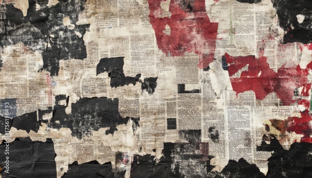Naklejka premium The illustration shows a textured background composed of layered pieces of old newspaper with visible text, interspersed with areas of red and black paint or ink.