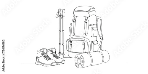 hiking gear set includes backpack, boots, trekking poles, and sleeping pad continuous single line art drawing sketch on white background