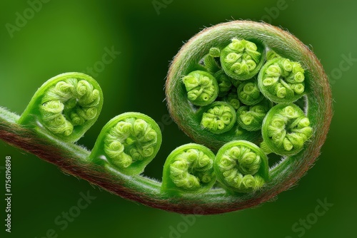 Captivating close-up of an intricate fern leaf spiral showcasing textured green buds and natural symmetry highlighting the beauty of botanical life and plant growth