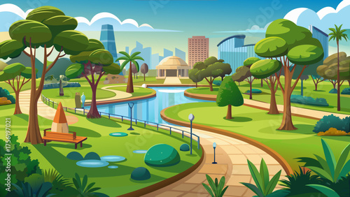 Very beautiful Langan Park in Mobile, Alabama, USA, featuring lush green lawns, walking paths, trees, peaceful ponds, and recreational areas under a bright and clear sky.
