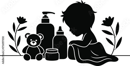 Silhouette of a baby with bath time essentials and a teddy bear