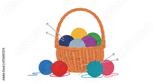 A charming wicker basket filled with colorful yarn balls and knitting needles is depicted in this delightful illustration.