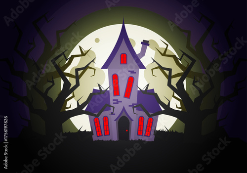 Casa embrujada entre bosque siniestro en luna llena