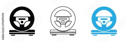 Gaming wheel set icons in black, outline and blue for esports, driving simulation, and racing enthusiasts. Enjoy the thrill of virtual racing and digital challenges.