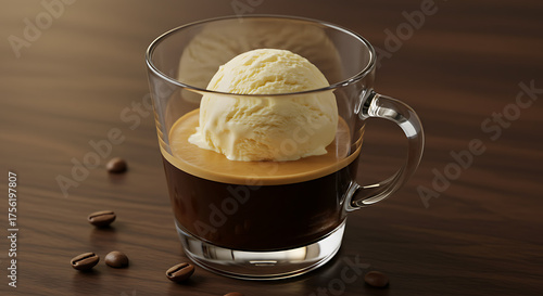 A delicious affogato dessert with a scoop of vanilla ice cream floating on rich dark espresso coffee in a clear glass mug on a wooden table.