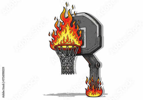 Basketball hoop on fire with flames engulfing the net and base.