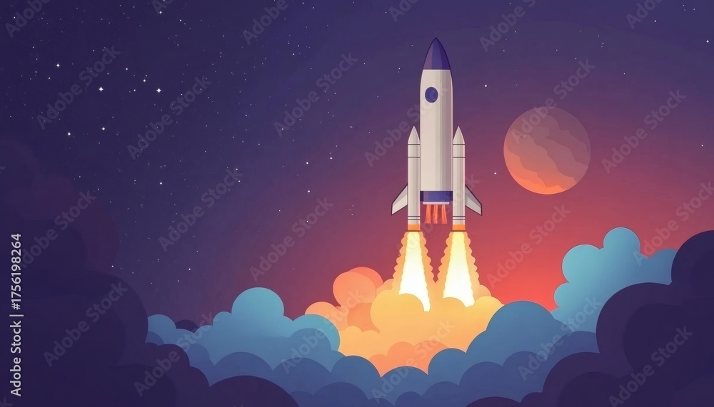 Naklejka premium A stylized illustration depicts a rocket ascending through colorful clouds against a backdrop of stars and a planet, during what seems to be either sunrise or sunset.