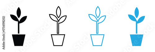 Seedling line art in pots for eco-friendly business initiatives and sustainable growth. Vector design elements in black and blue, perfect for a clean, modern look.