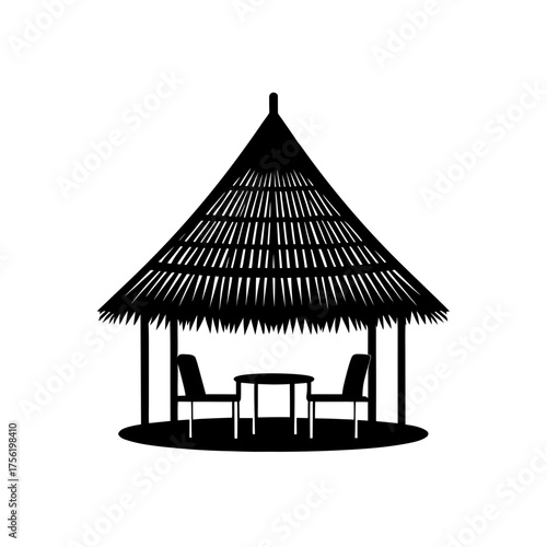thatched roof hut seating area