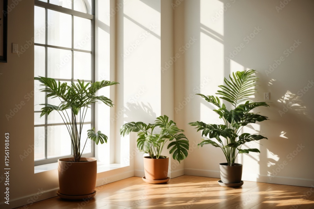 Fototapeta premium Helle Fensterbank mit Pflanzen im Sonnenlicht
