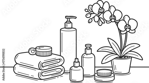 Spa and beauty products with orchid flower and folded towels illustration