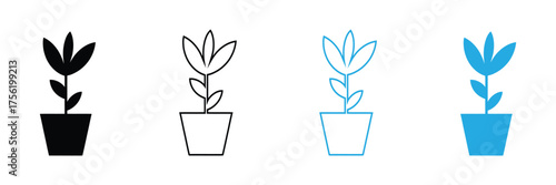 Discover versatile potted plant icons in solid black, sleek outline, and bright blue, perfect for adding natural charm to any modern design project.