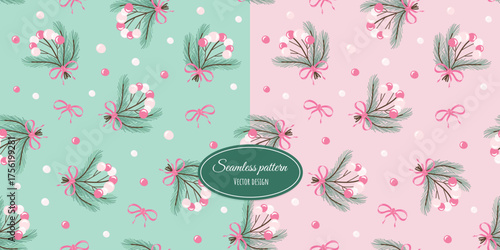 Delicate festive, winter vintage background and seamless pattern with bows, butterflies, berries and fir branches. Vector design for bed linen, fabrics, wallpaper, wrapping paper and more.